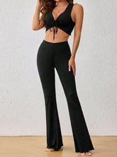 Solid Color Ruched Drawstring Crop Top And Flared Pants Set